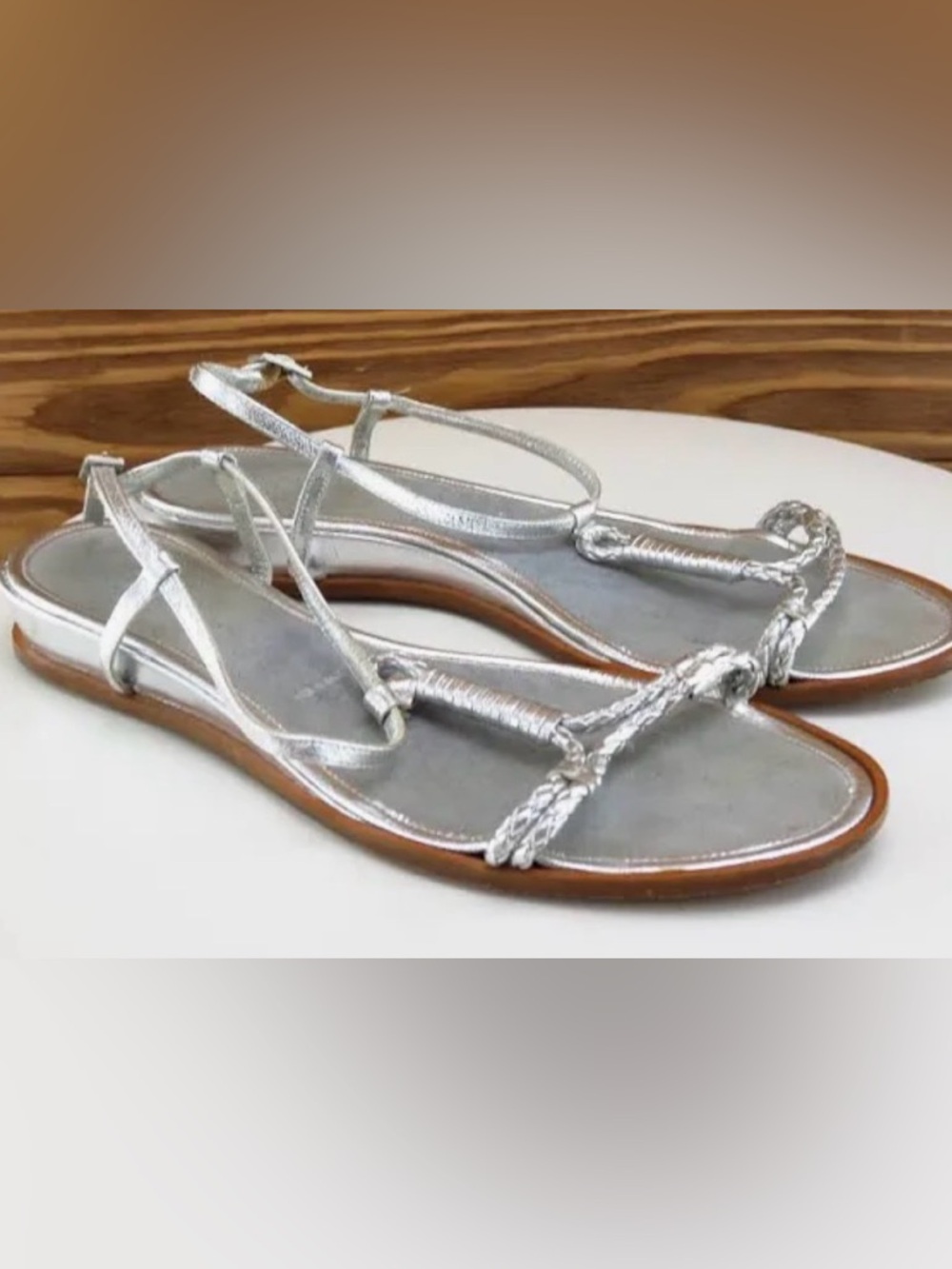Amalfi Purcell Metallic Kid Leather Braided T-Strap Wedge Sandals w box - 10